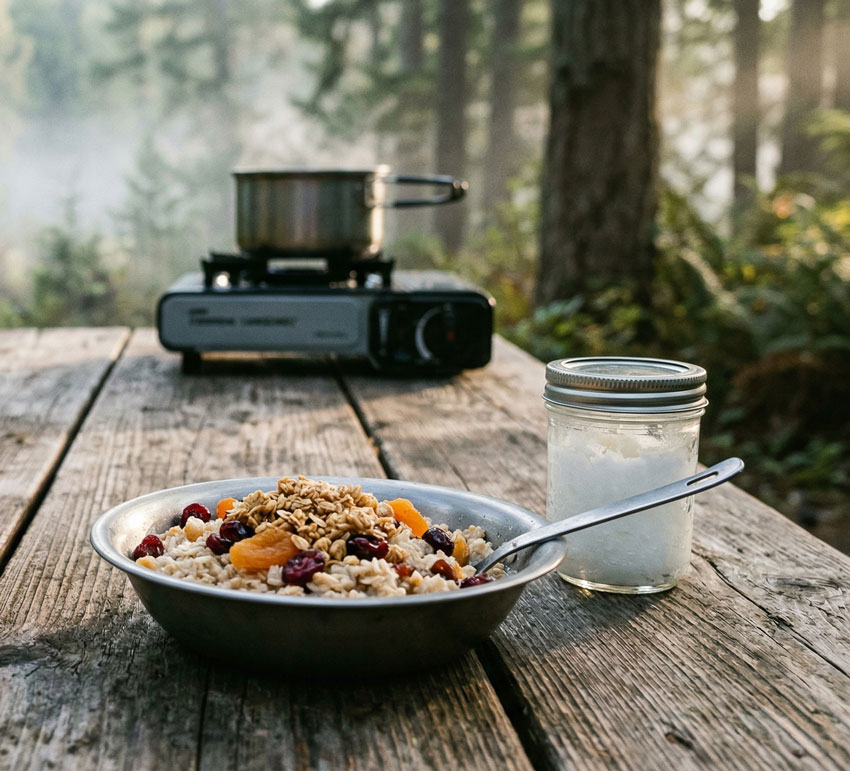 Kamp masası üzerinde duran beef jerky, yulaf ezmesi ve kuruyemişten oluşan besleyici kamp yiyecekleri.