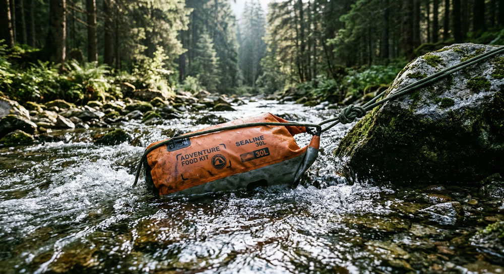 Kamp yaparken yiyecekleri soğuk tutmak için dere suyunun serinliğinden yararlanan su geçirmez çanta.